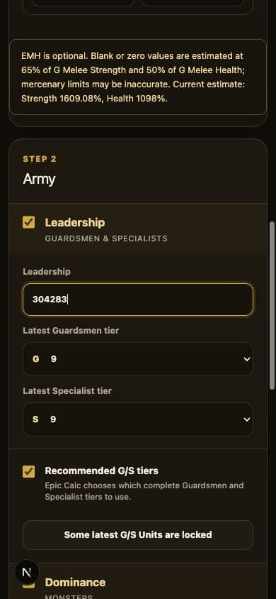 Leadership 304283 and example highest tiers G9 and S9 in the mobile calculator