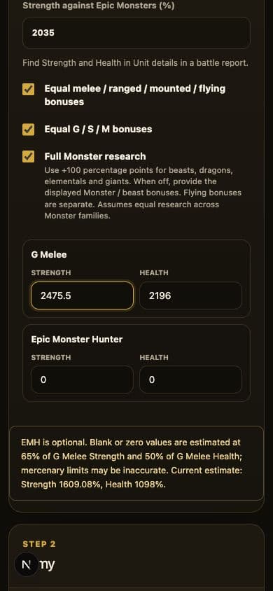 Mobile calculator showing Epic bonus 2035, G Melee Strength 2475.5 and Health 2196