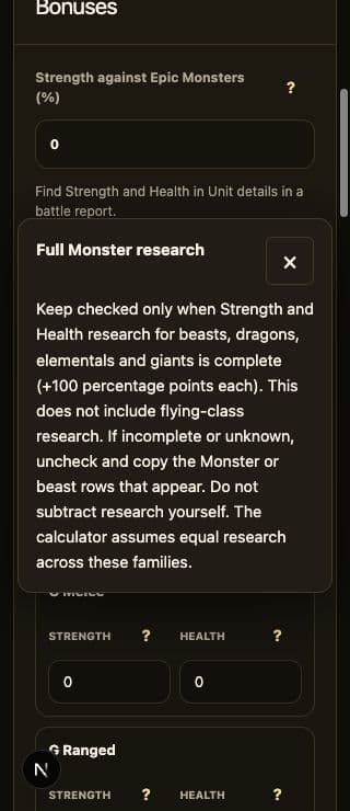 Full Monster research help opened from the question-mark button on a phone