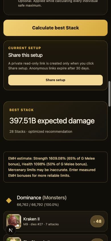 Actual example result in the mobile calculator: 397.51B expected damage, 28 stacks